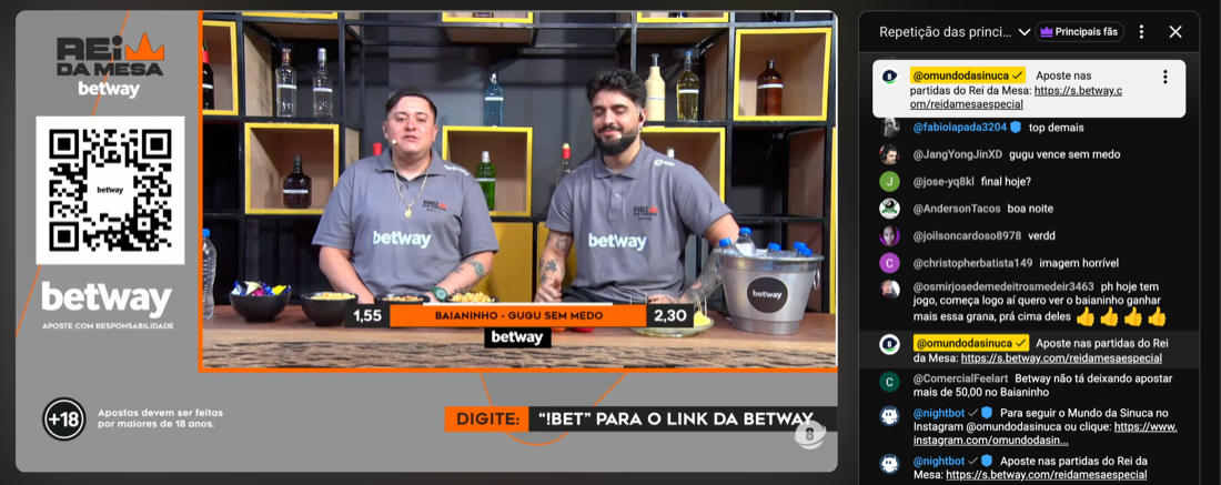 Inserção de patrocinador no chat ao vivo da transmissão.